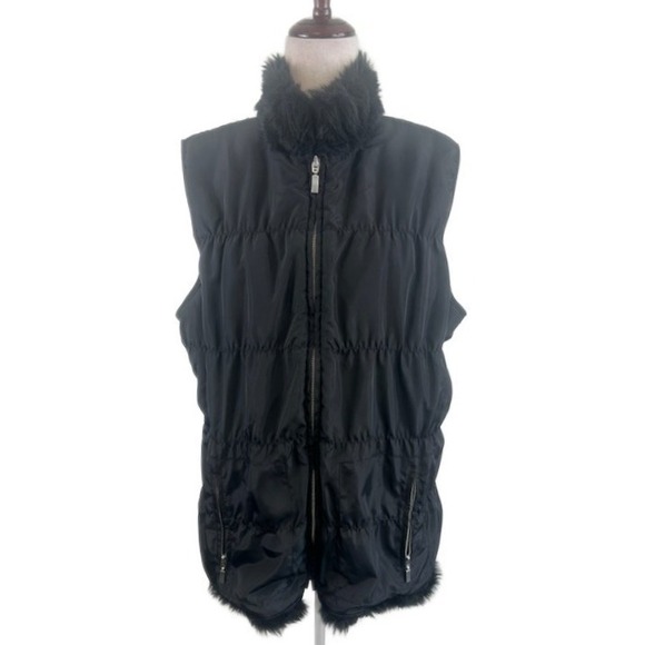 Chico's Black Puffer Vest Faux Fur Trim Knit Back Size 2 Large 12 - Picture 1 of 6